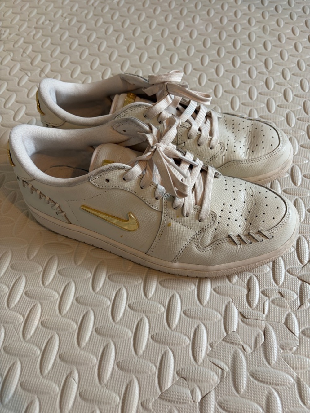 Nike Air Jordan Women's Cream Leather Sneakers with Gold Swoosh 10.5